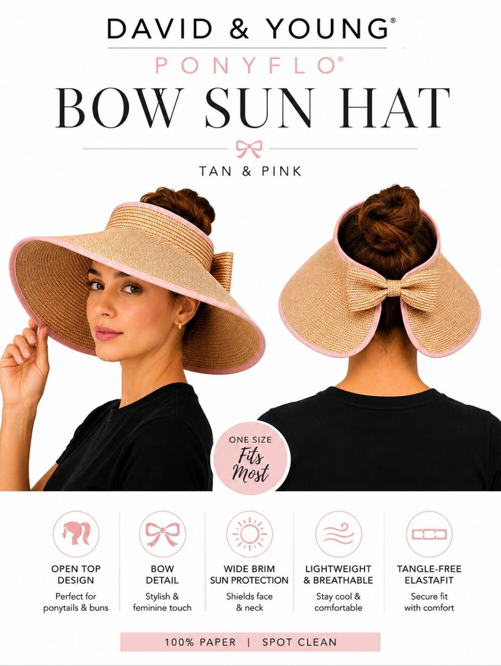 David & Young PONYFLO Bow Sun Hat – Tan & Pink | OSFM